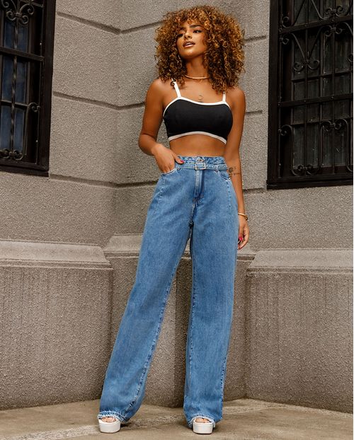 Calça Wide Leg Feminina com Cinto 24374 Médio Sky