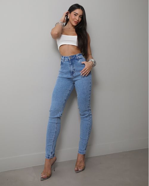 Calça Jeans Mom Feminina Cintura Alta Básica com Elastano 00201 Sky Médio