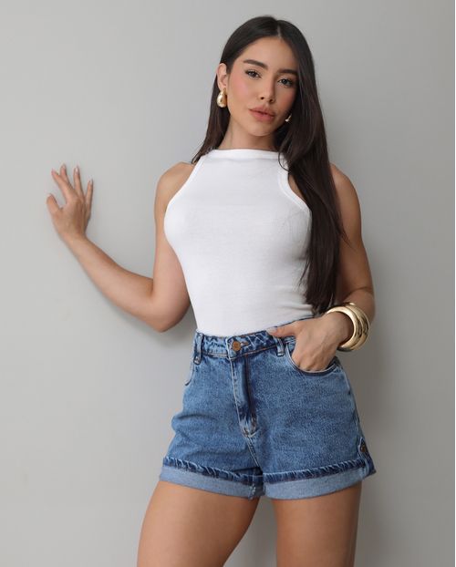 Shorts Jeans Mom Feminino Cintura Alta 24954 Sky Médio