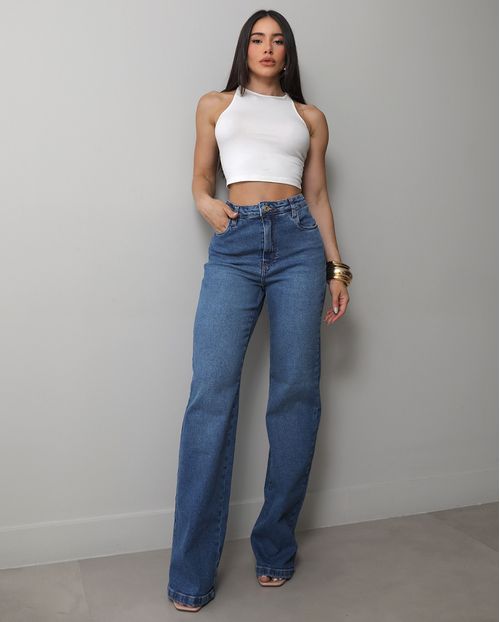 Calça Jeans Wide Leg Feminina Cintura Alta Básica com Elastano 28000 Sky com Bigode