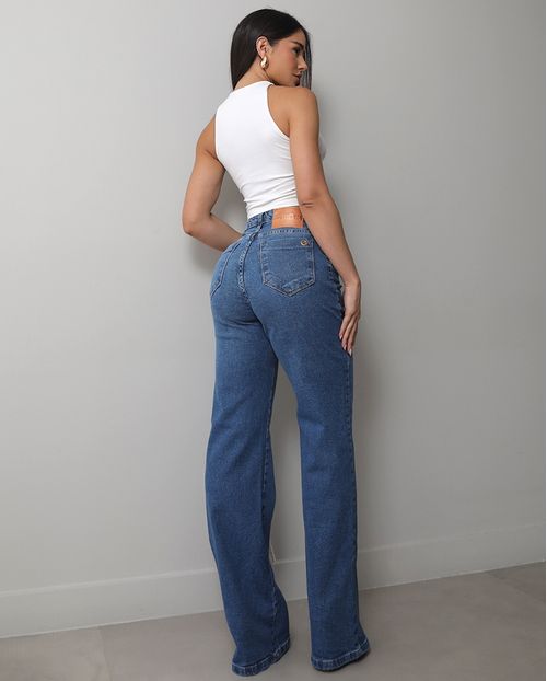 Calça Jeans Wide Leg Feminina Cintura Alta Básica com Elastano 28000 Sky com Bigode