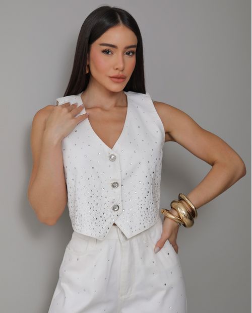 Colete Jeans Cropped Feminino com Aplicação 25126 Off White