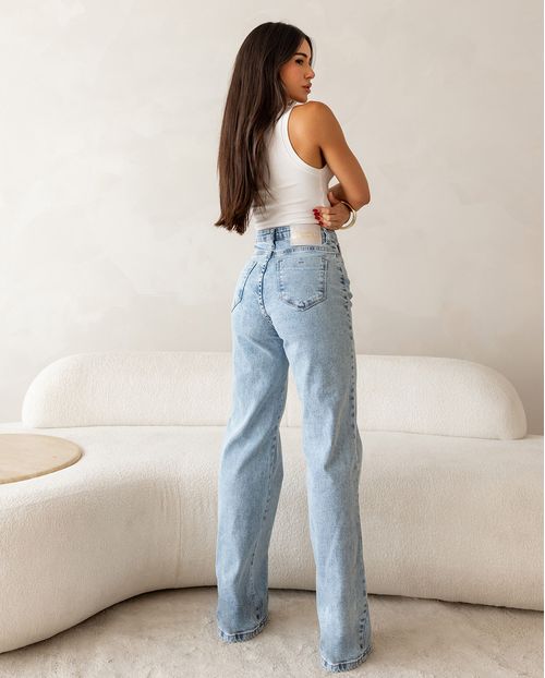 Calça Jeans Wide Leg Feminina Cintura Alta Básica com Elastano 28000  Sky Marmorizado