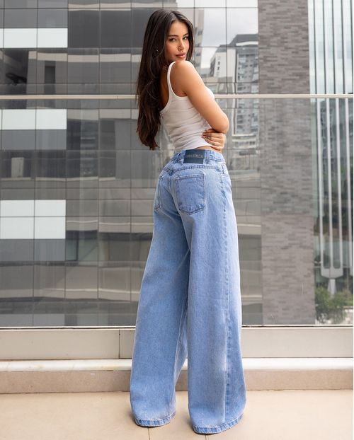 Calça Jeans Wide Leg Feminina Relaxed Cintura Baixa 29909 Sky Médio