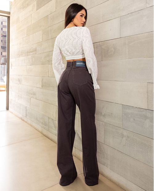 Calça Jeans Wide Leg Feminina Cintura Alta Básica Algodão 29000 Cinza Chumbo