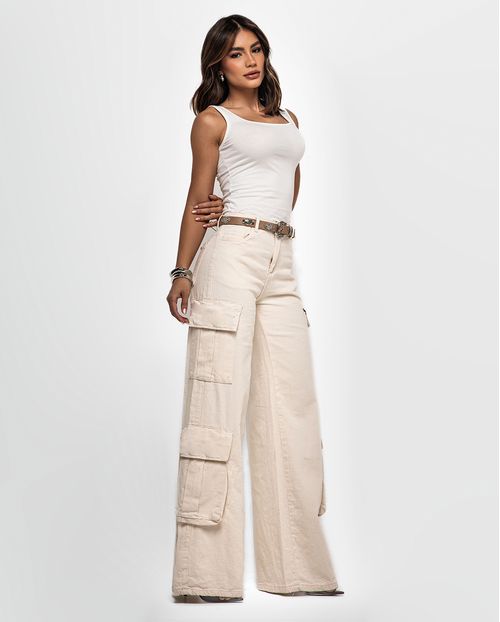 Calça Jeans Wide Leg Feminina Relaxed Cargo 25083 Off White