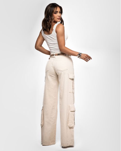 Calça Jeans Wide Leg Feminina Relaxed Cargo 25083 Off White