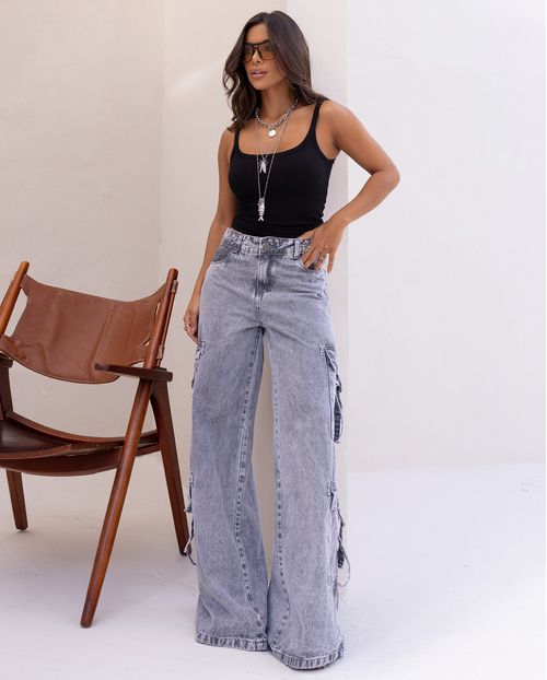 Calça Jeans Wide Leg Feminina Relaxed Cargo 4 Bolsos 24995- Cinza